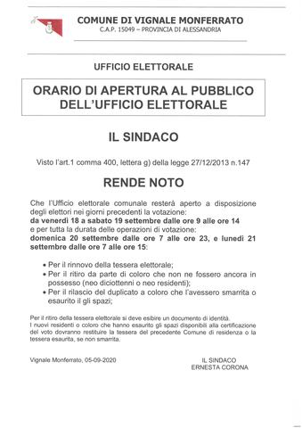 REFERENDUM 20 E 21 SETTEMBRE - APERTURA UFFICI